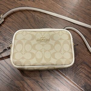 Coach Cream Crossbody Bag with Monogram Pattern and Gold Hardware